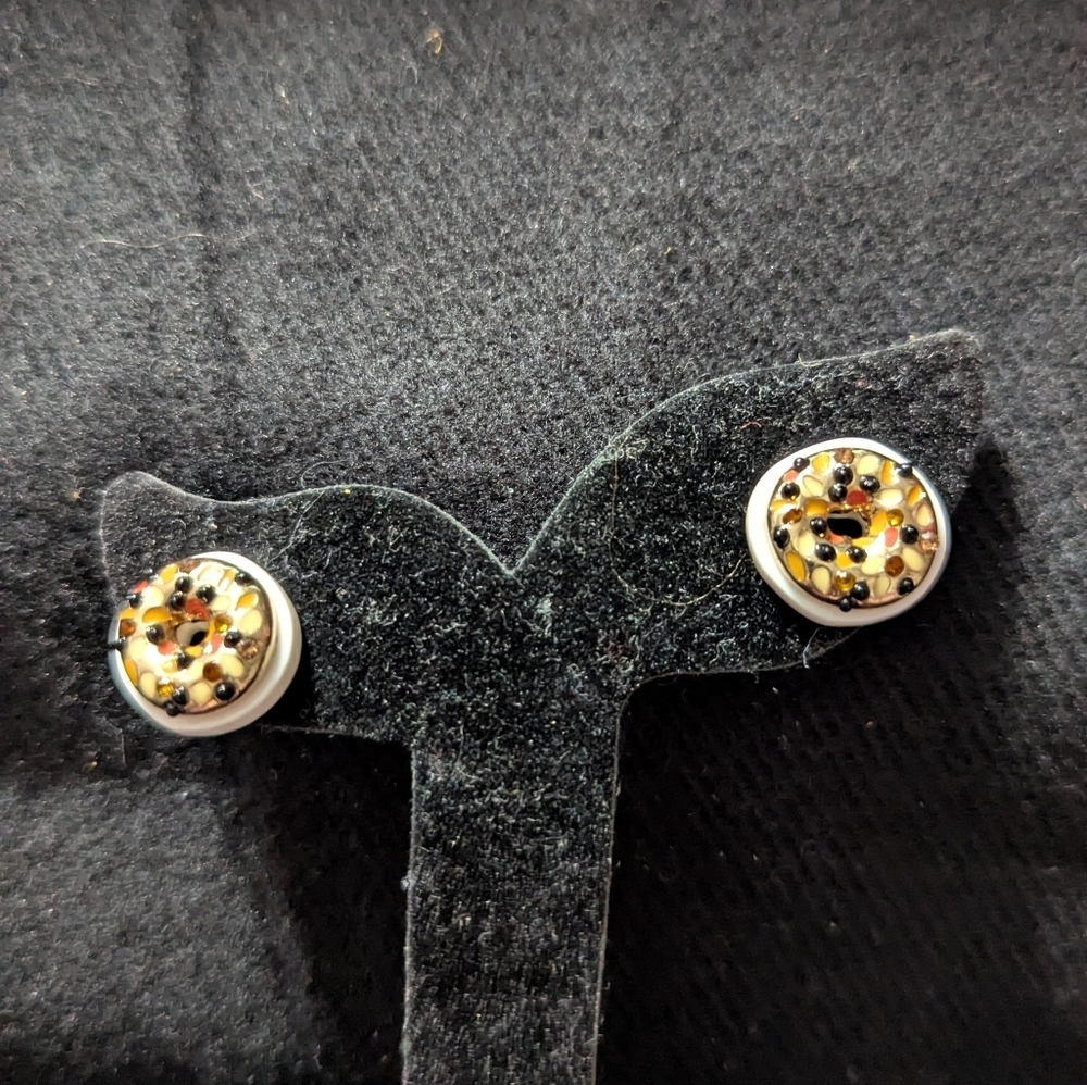 Gold Tone Brown Cream Black Enamel And Rhinestone Everything Bagel Stud Earrings